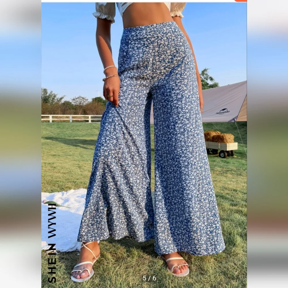 SHEIN Wide Leg Palazzo Pant Large Ditsy Floral Print Blue NWOT High Waist - Picture 2 of 12